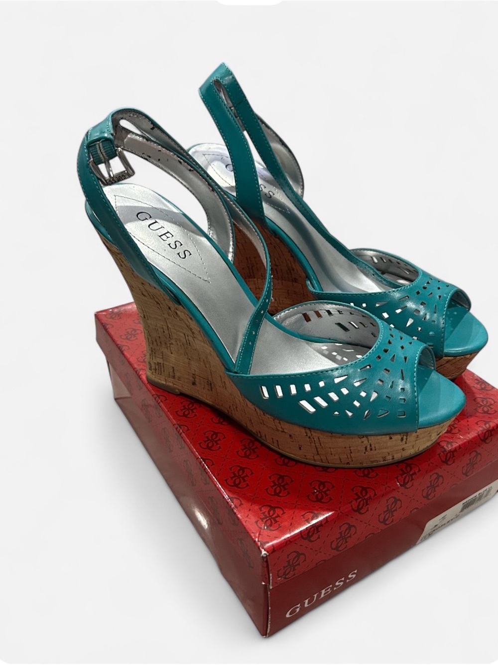 GUESS Teal Open-Toe Cork Wedge Sandals ☀️